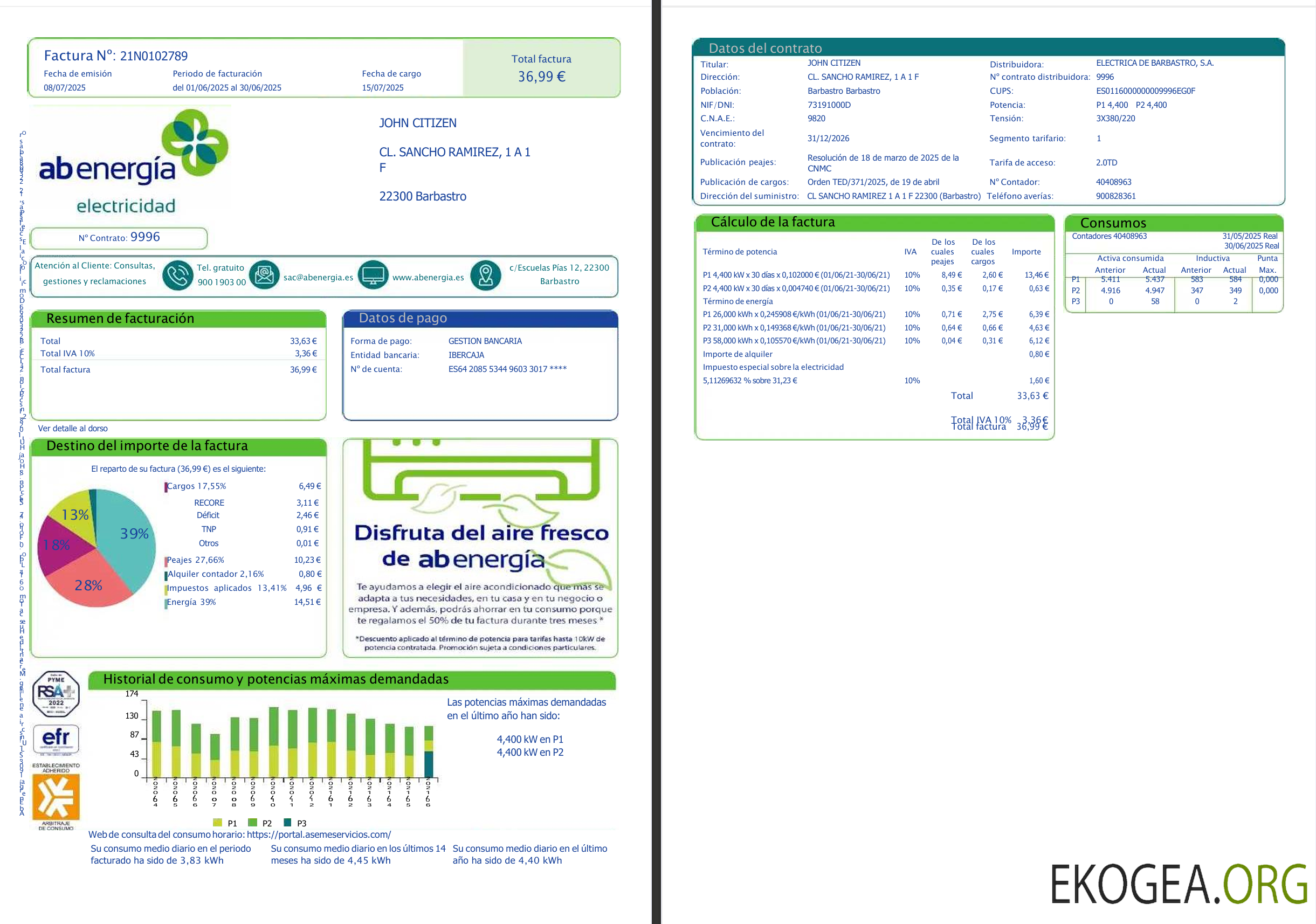Spain Abenergía utility bill template in Word and PDF formats, 1 2 pages
